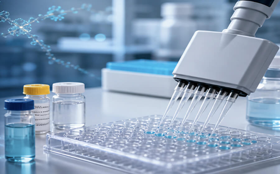 Multiplex assay kit workflow with reagents and multiwell plate