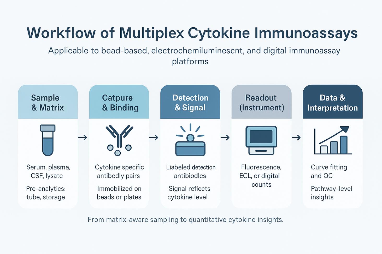 Horizontal five-step workflow showing sample handling, capture antibodies, signal detection, instrument readout, and data interpretation for multiplex cytokine assays.