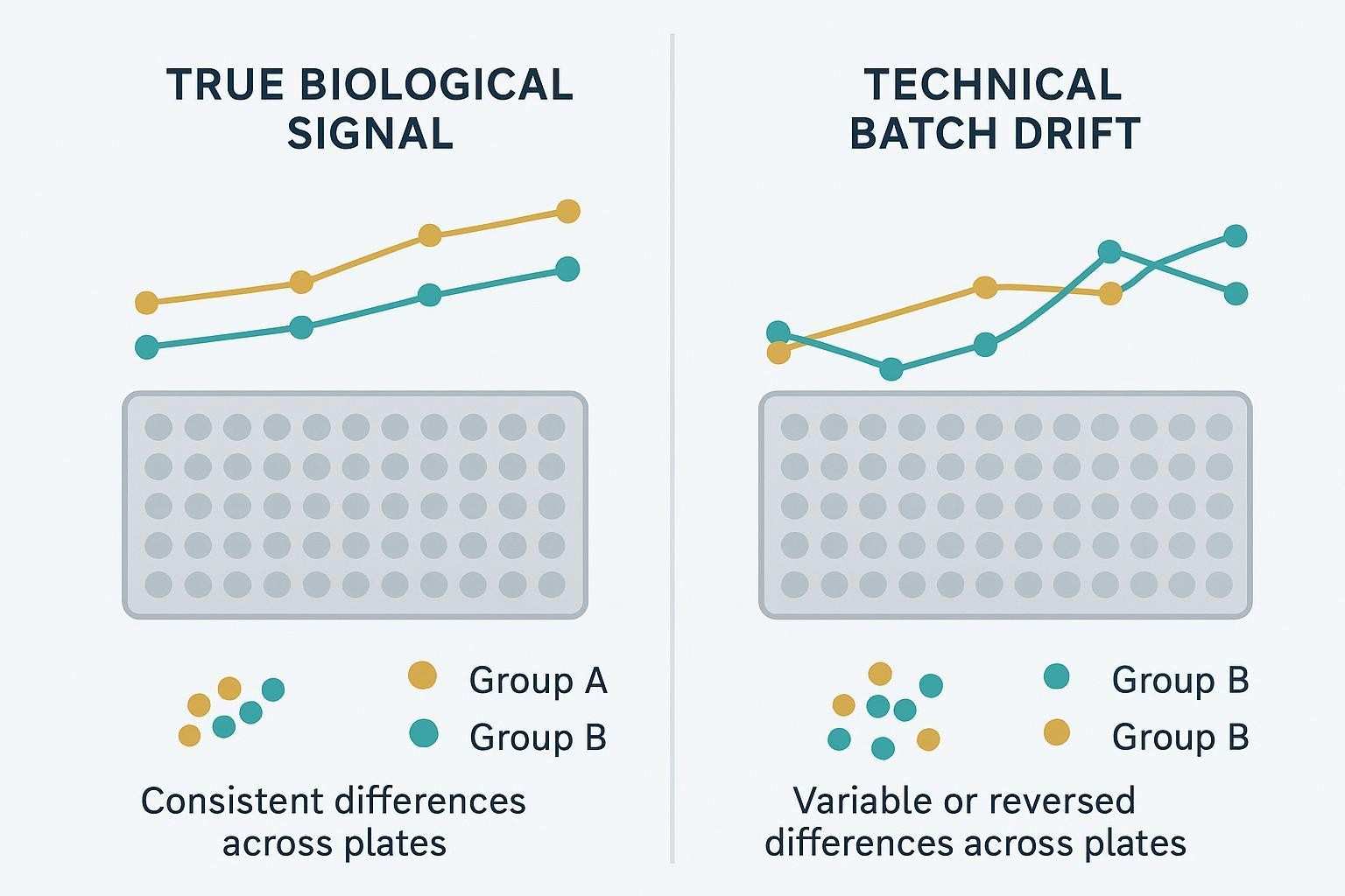 Biological signal vs technical batch drift across Luminex plates