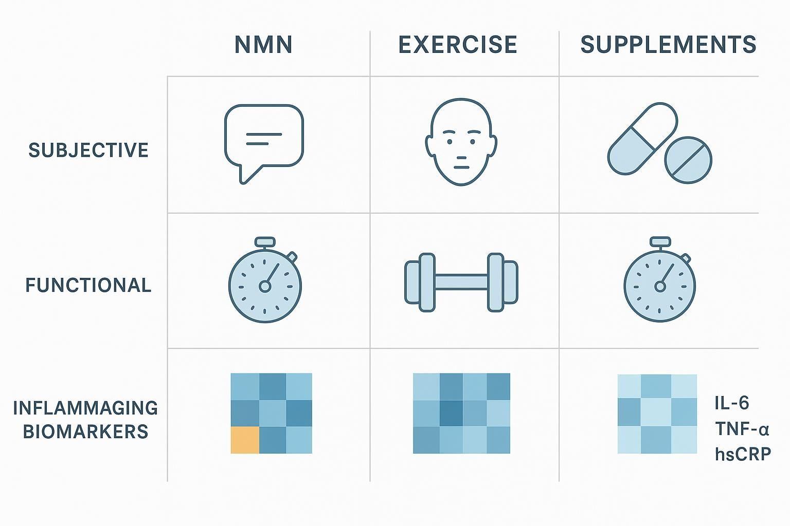 Infographic comparing subjective, functional, and inflammaging biomarker outcomes across NMN, exercise, and supplement studies