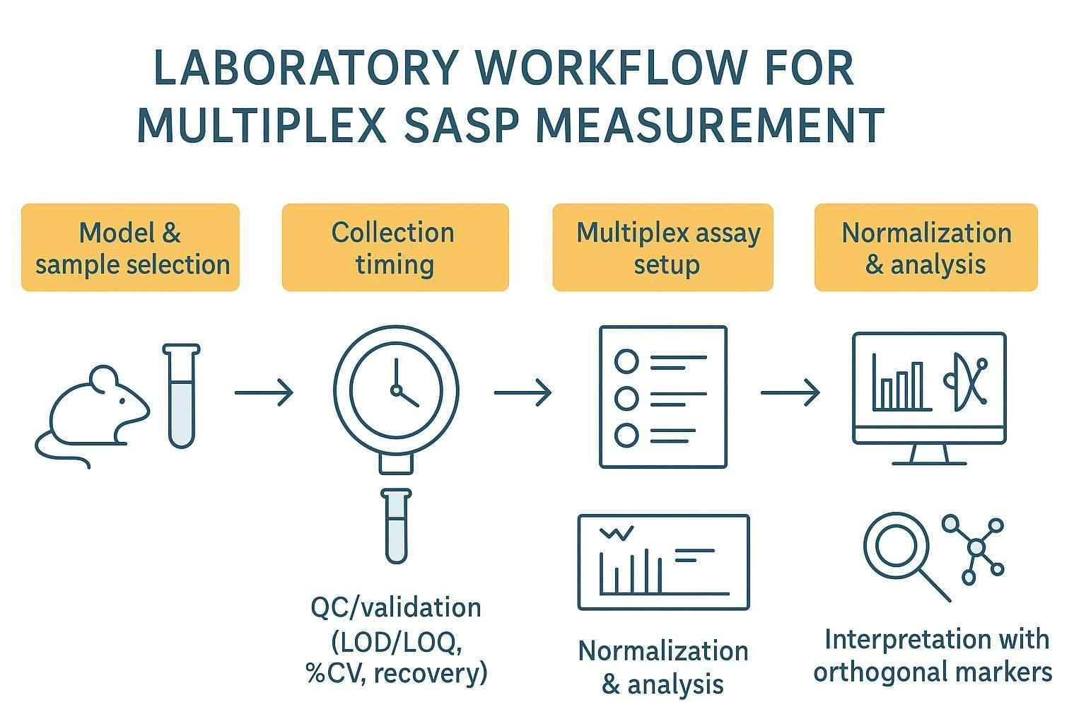Laboratory workflow schematic for multiplex SASP measurement from sample selection to interpretation