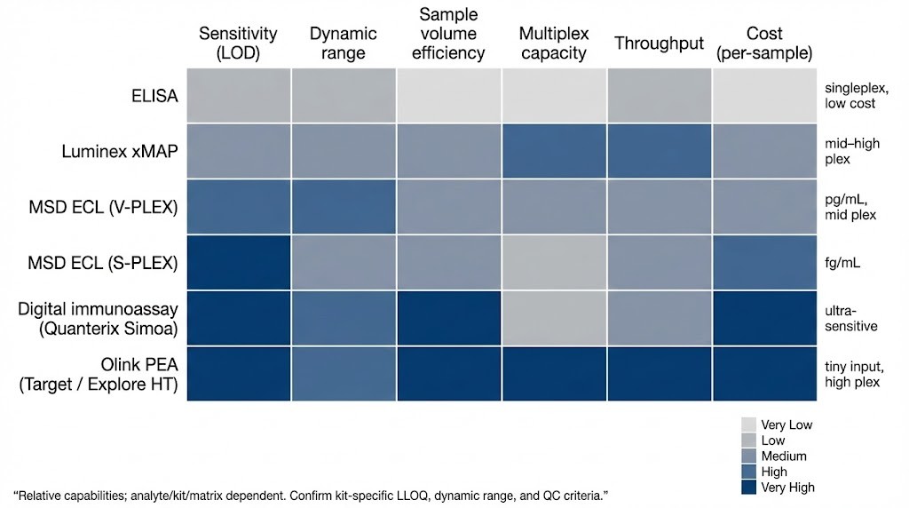 Heatmap matrix rating ELISA, Luminex, MSD V-/S-PLEX, Simoa, and Olink across key performance and cost dimensions.