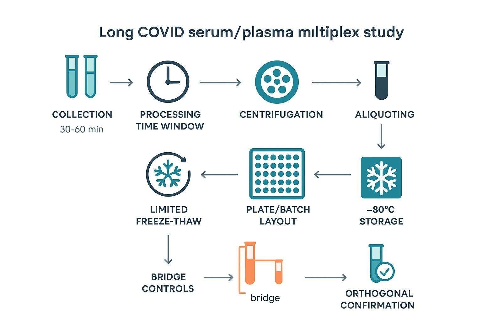 Pre-analytical and batch workflow diagram for Long COVID multiplex cytokine studies