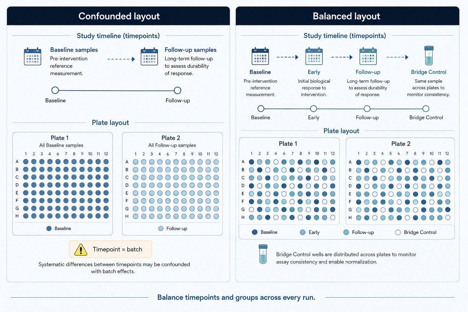 Balanced cytokine plate design with paired baseline and follow-up samples distributed across two plates and bridge controls repeated on each plate.