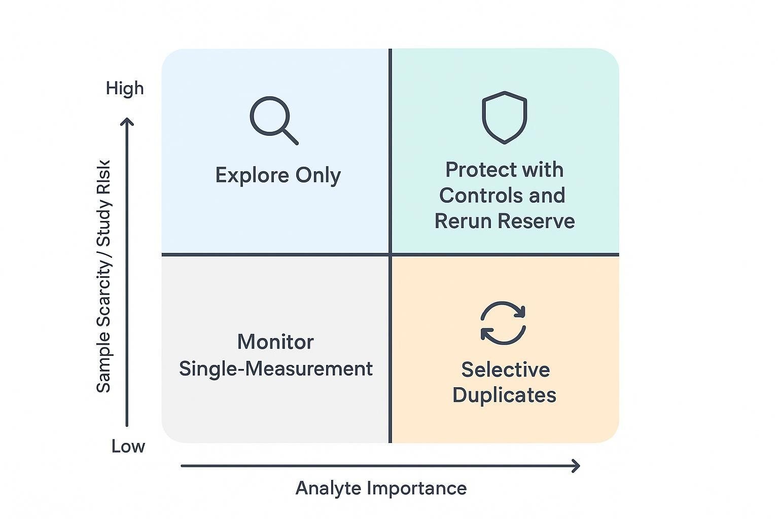 Priority matrix linking analyte importance and sample scarcity to replicate, control, and rerun choices