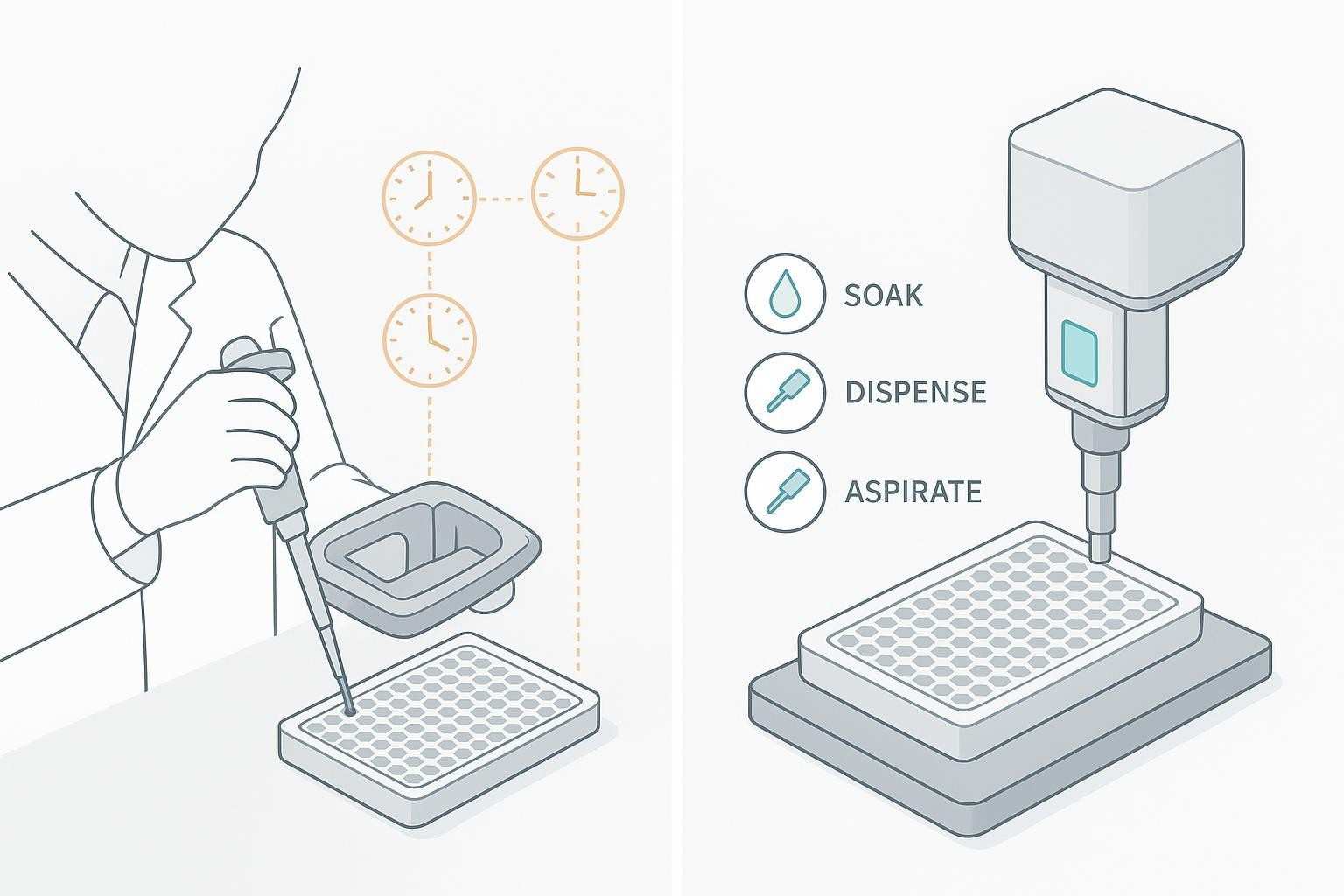 Side-by-side conceptual workflow showing manual versus automated magnetic washing in a Luminex cytokine assay, highlighting consistency and control differences.