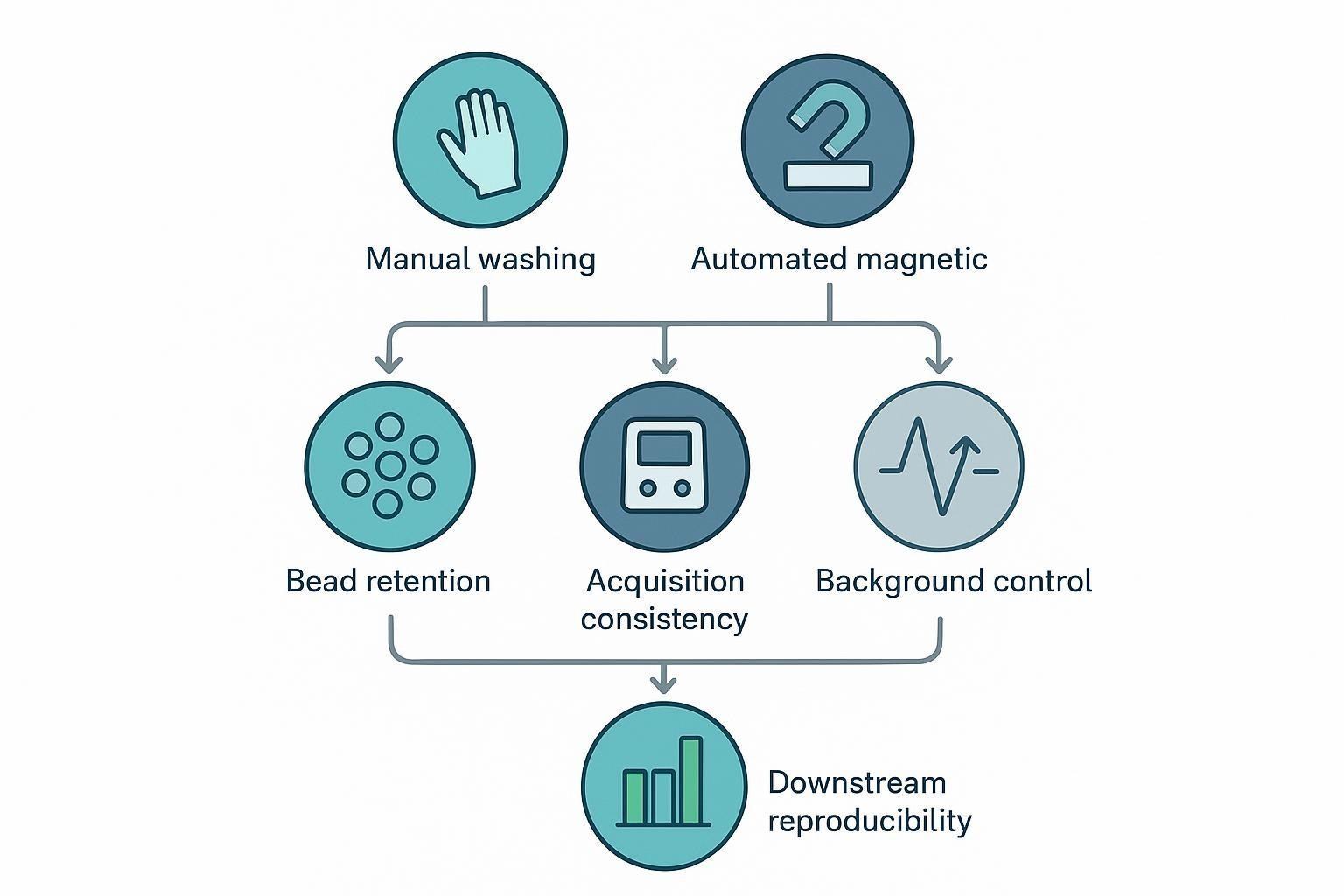 Diagram showing how washing method affects bead retention, acquisition consistency, and background, leading to reproducibility in multiplex cytokine assays.