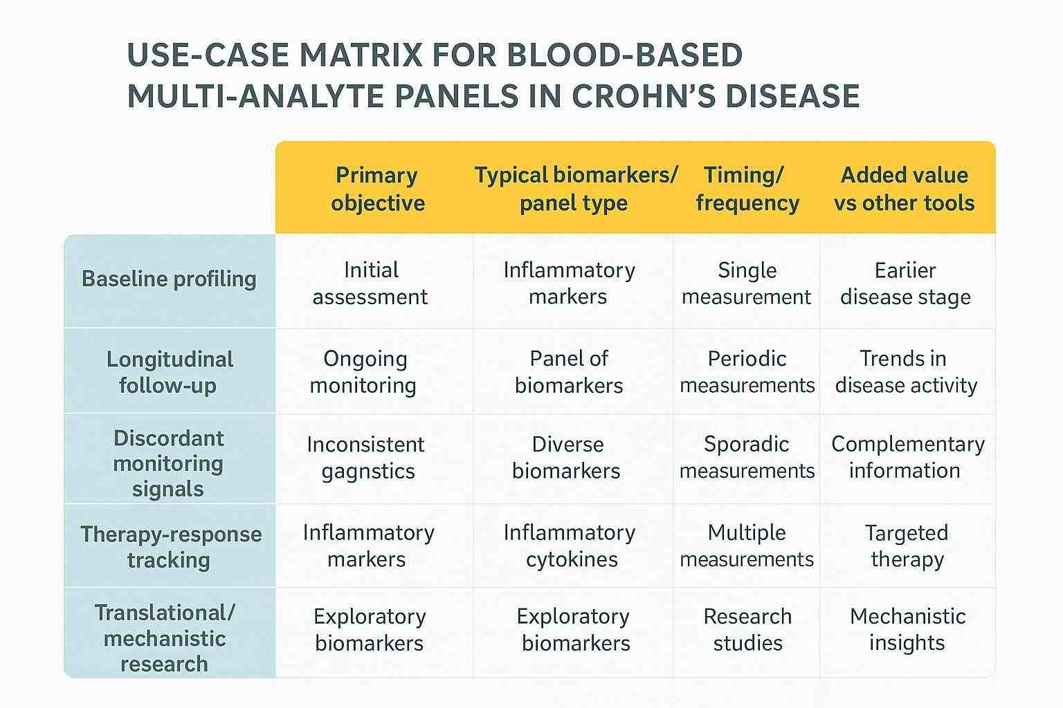 Use-case matrix showing when blood-based multi-analyte panels are most useful in Crohn's disease research