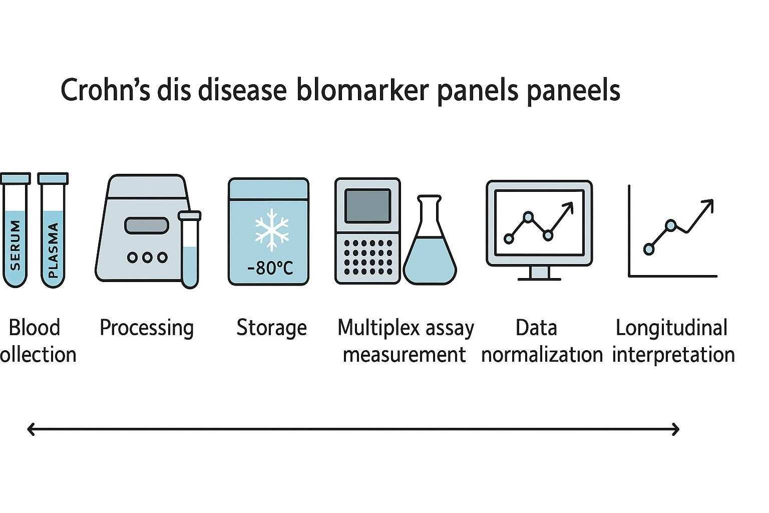 Laboratory workflow schematic from blood collection to multiplex assay, QC, normalization, and longitudinal interpretation for Crohn's disease panels