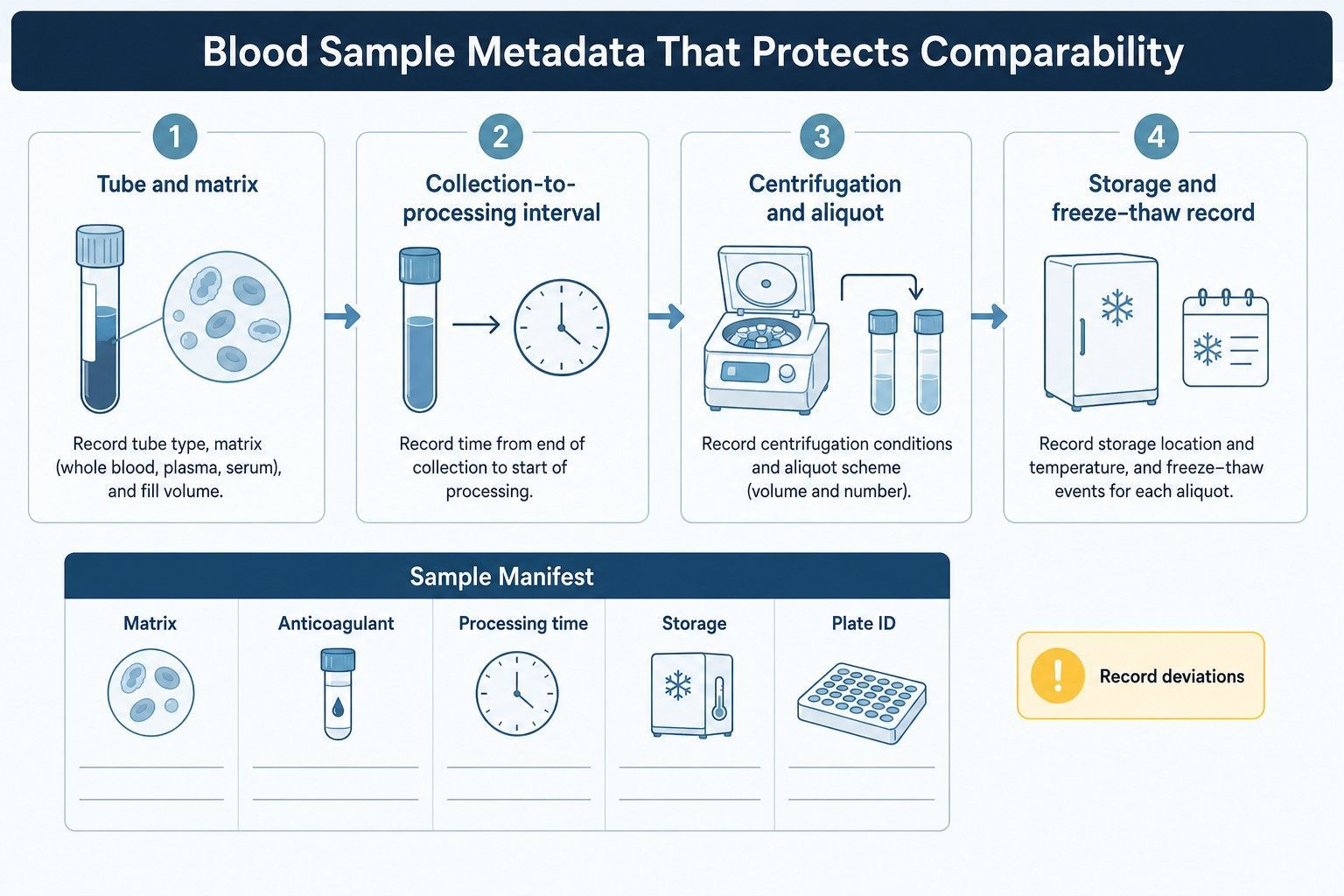 Three-panel cytokine matrix control infographic comparing serum, EDTA plasma, and heparin plasma with collection path, controls, and comparability limitation.