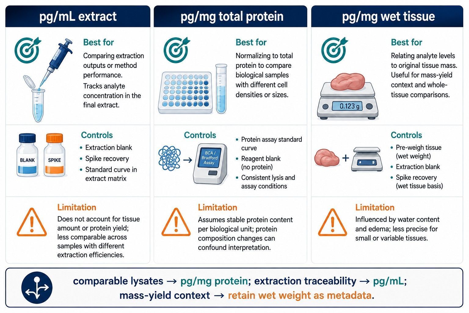 Comparison of tissue lysate cytokine reporting units including pg per mL extract, pg per mg protein, and pg per mg wet tissue.
