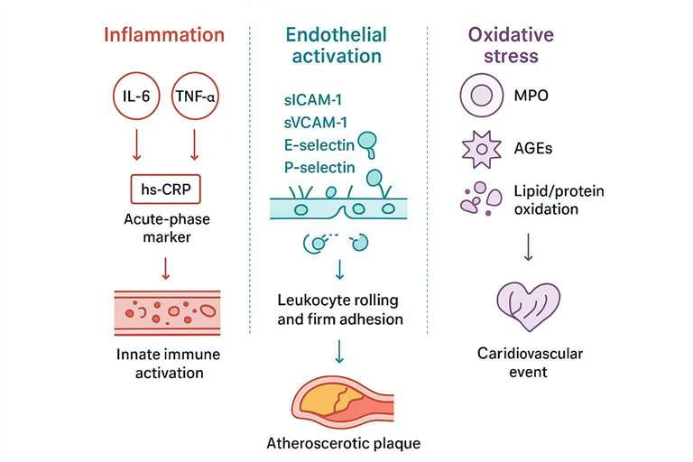 Pathway map for cardiovascular biomarker panel design across inflammation, adhesion, and oxidative stress