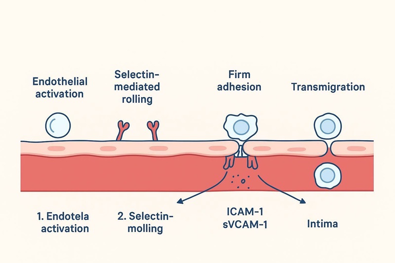Leukocyte recruitment steps in atherosclerosis mapped to E-selectin, P-selectin, sICAM-1, and sVCAM-1