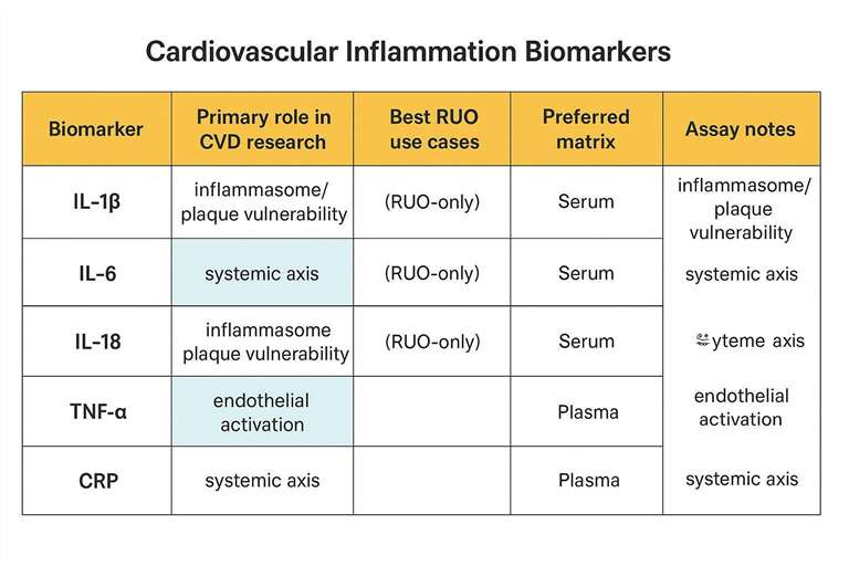 Comparison table of IL-1β, IL-6, IL-18, TNF-α, CRP for cardiovascular inflammation research