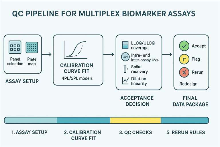 QC pipeline for multiplex biomarker assays showing LLOQ/ULOQ, CV%, recovery, and matrix effect checkpoints