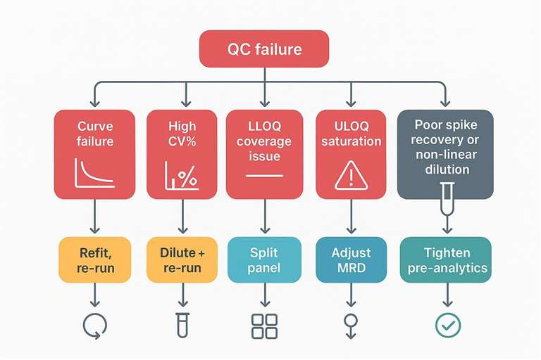 Troubleshooting flowchart for multiplex biomarker assay QC failures and corrective actions