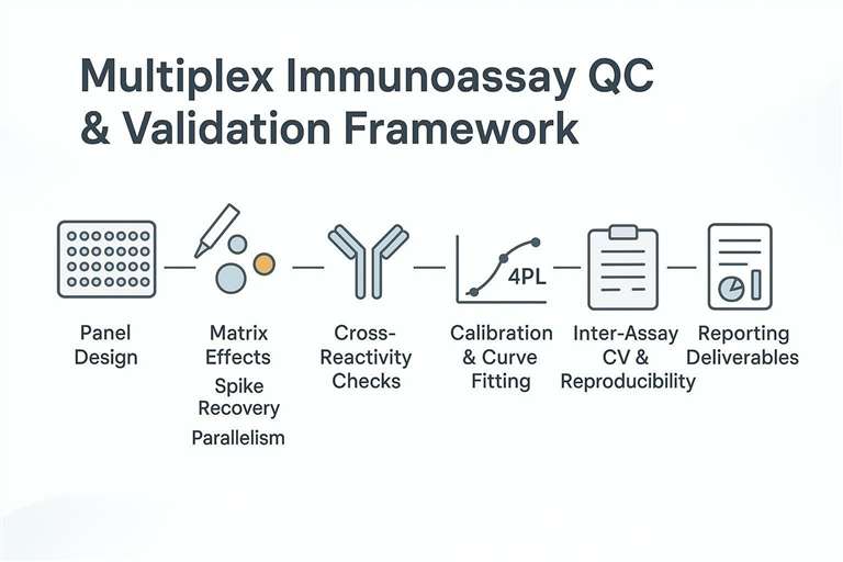 Multiplex Immunoassay QC & Validation Framework: Panel Design, Matrix Effects, Cross-Reactivity, LOQ, Dynamic Range, and Reproducibility