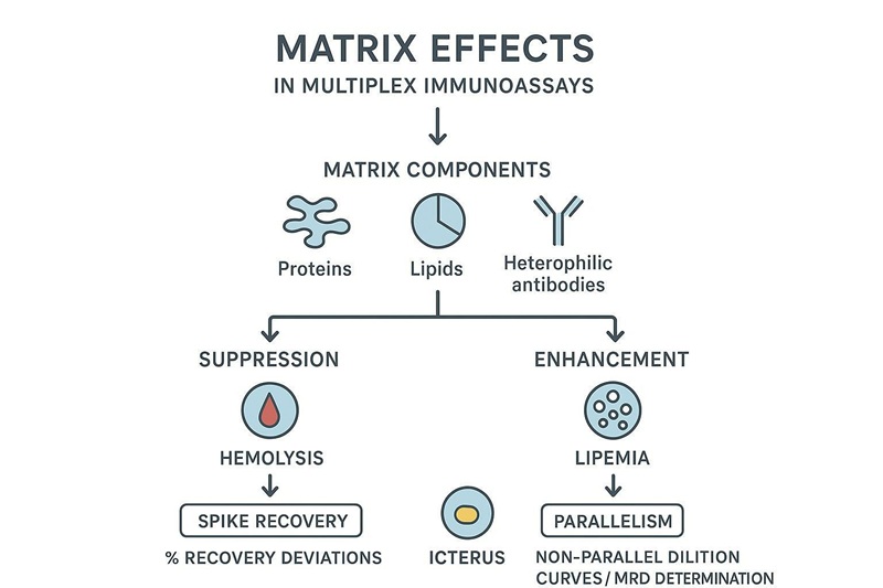 Schematic of matrix effect and how spike recovery and parallelism detect it.