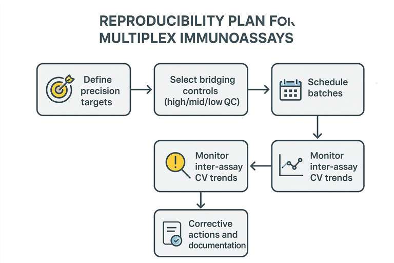 Flowchart for monitoring inter-assay CV and batch consistency with bridging controls.